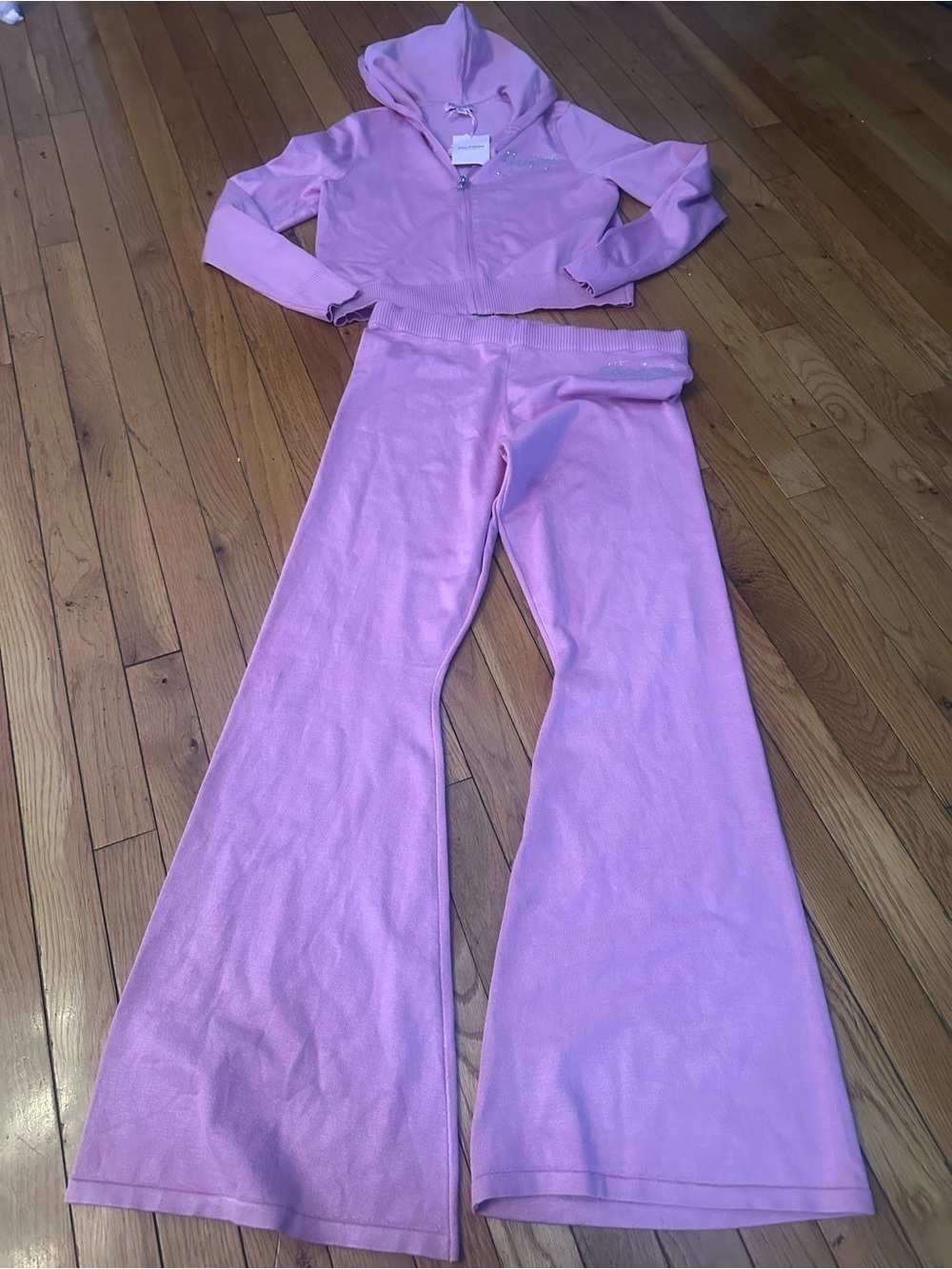 Pink Two-Piece Soft Knit Outfit S Tracksuit - Hoodie & Flared Pants
